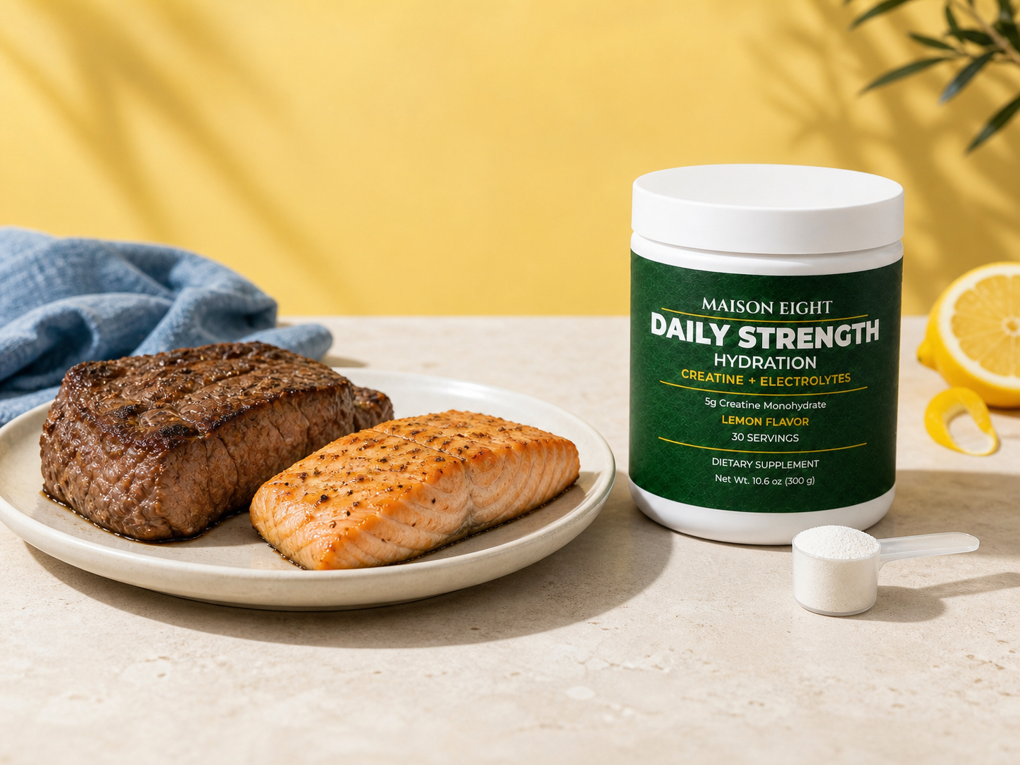 Meat and fish beside one measured scoop and Daily Strength Hydration