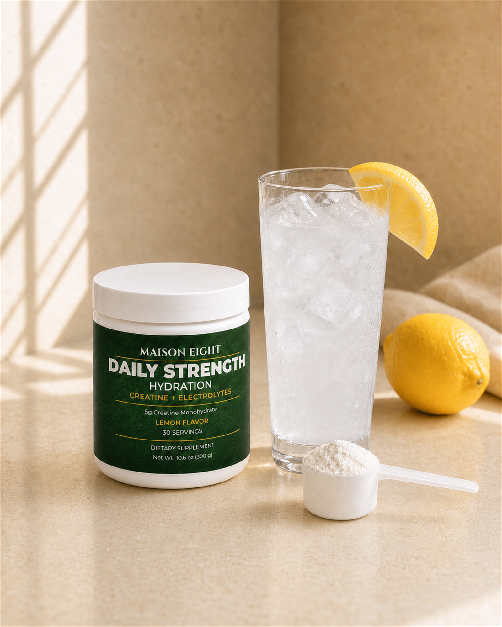 Daily Strength Hydration, a scoop, and a glass of lemon water
