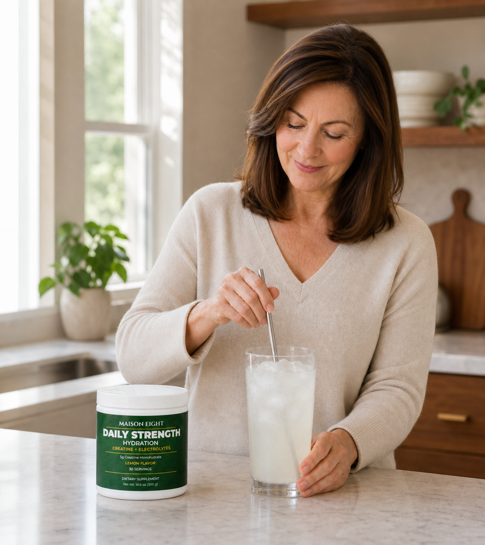 A woman stirring a lemon drink beside Daily Strength Hydration in her kitchen